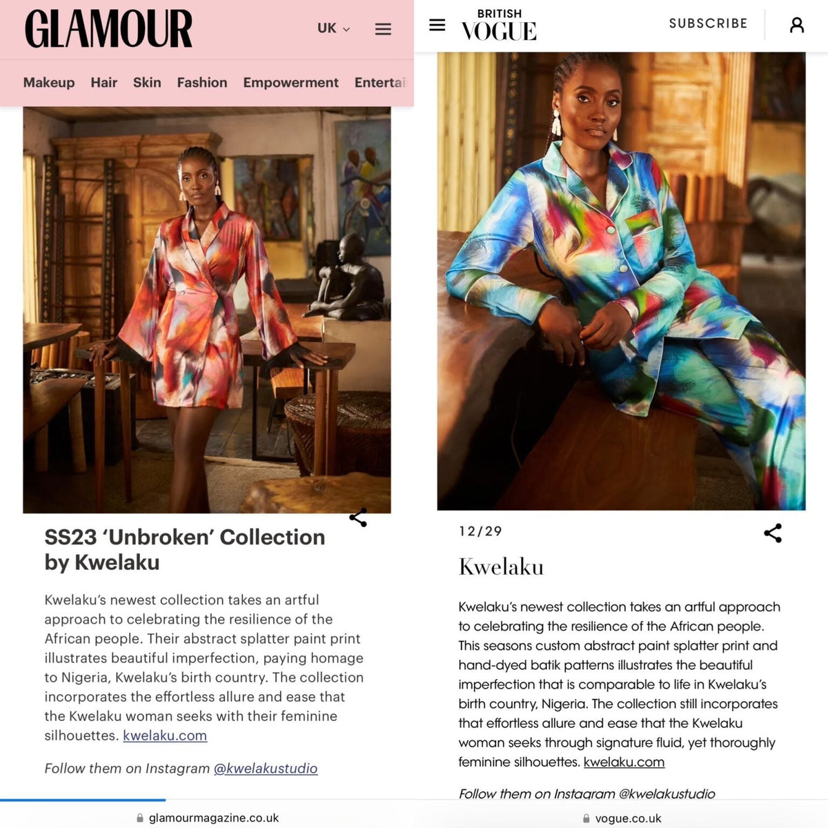 Kwelaku SS23 collection as featured in Glamour UK and British Vogue