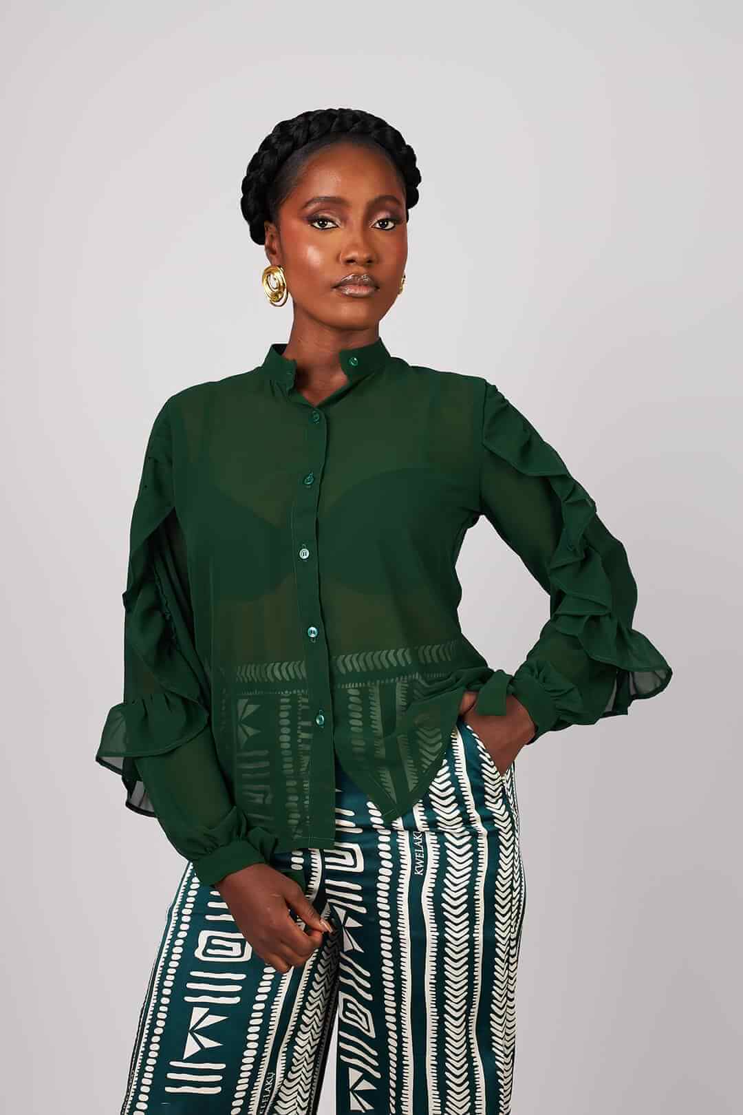 Signature Frilly Button Down Blouse — view 2 — Kwelaku