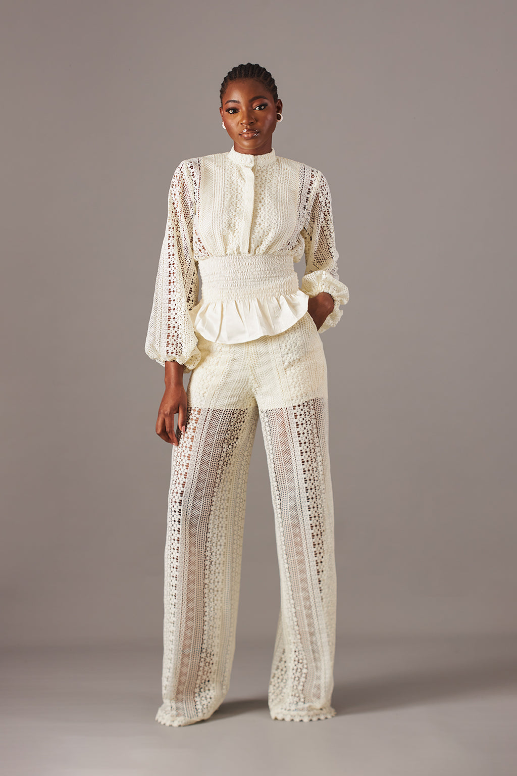 Kwelaku Lace Smocked Peplum Blouse