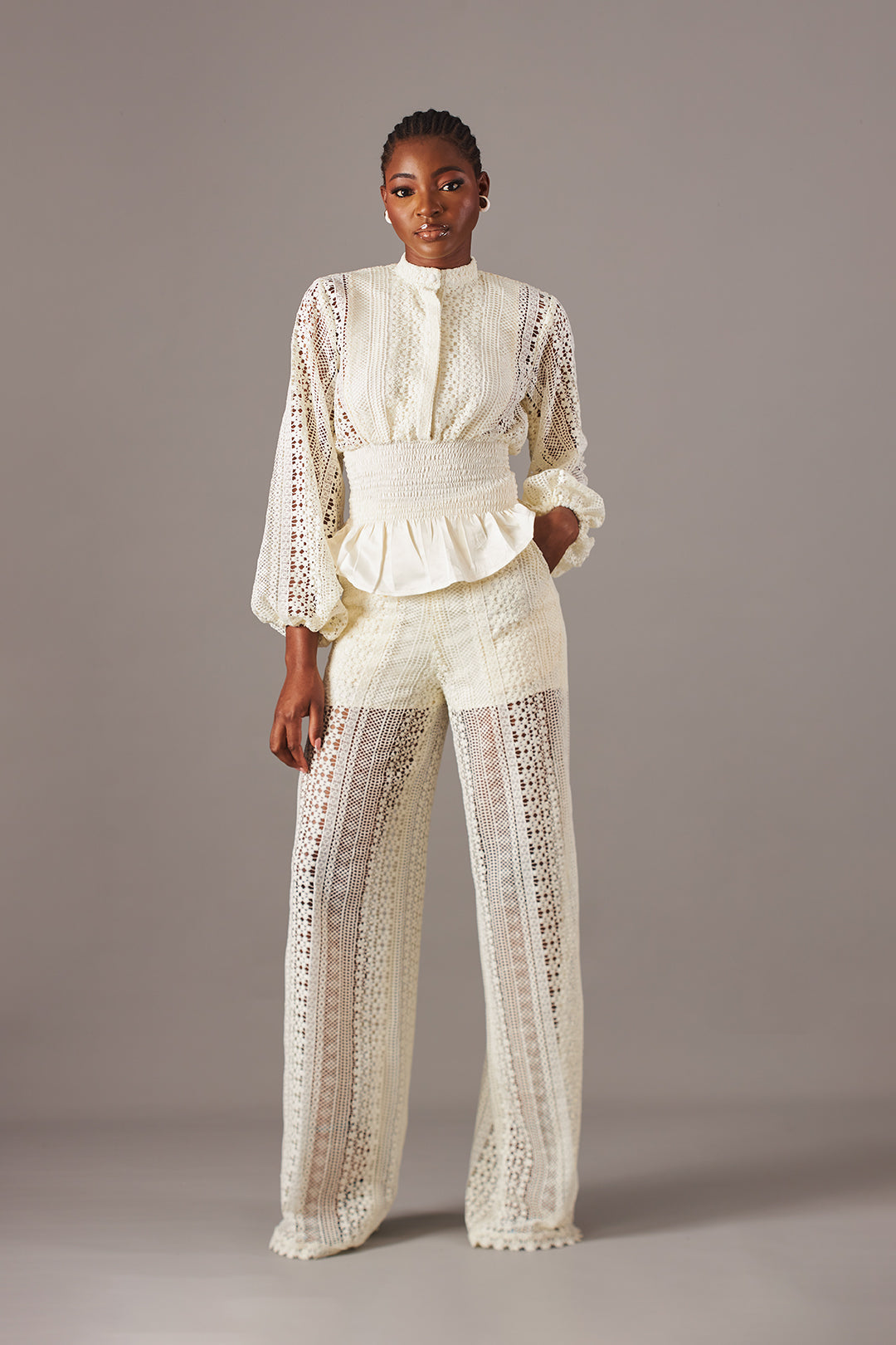 Kwelaku Lace Smocked Peplum Blouse