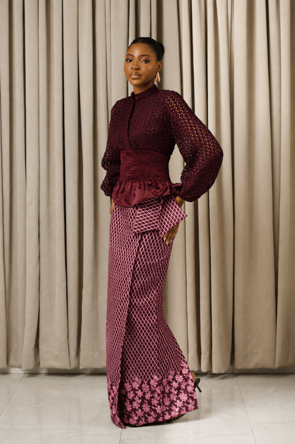 Hybrid Abstract Maxi Wrap Skirt in Plum