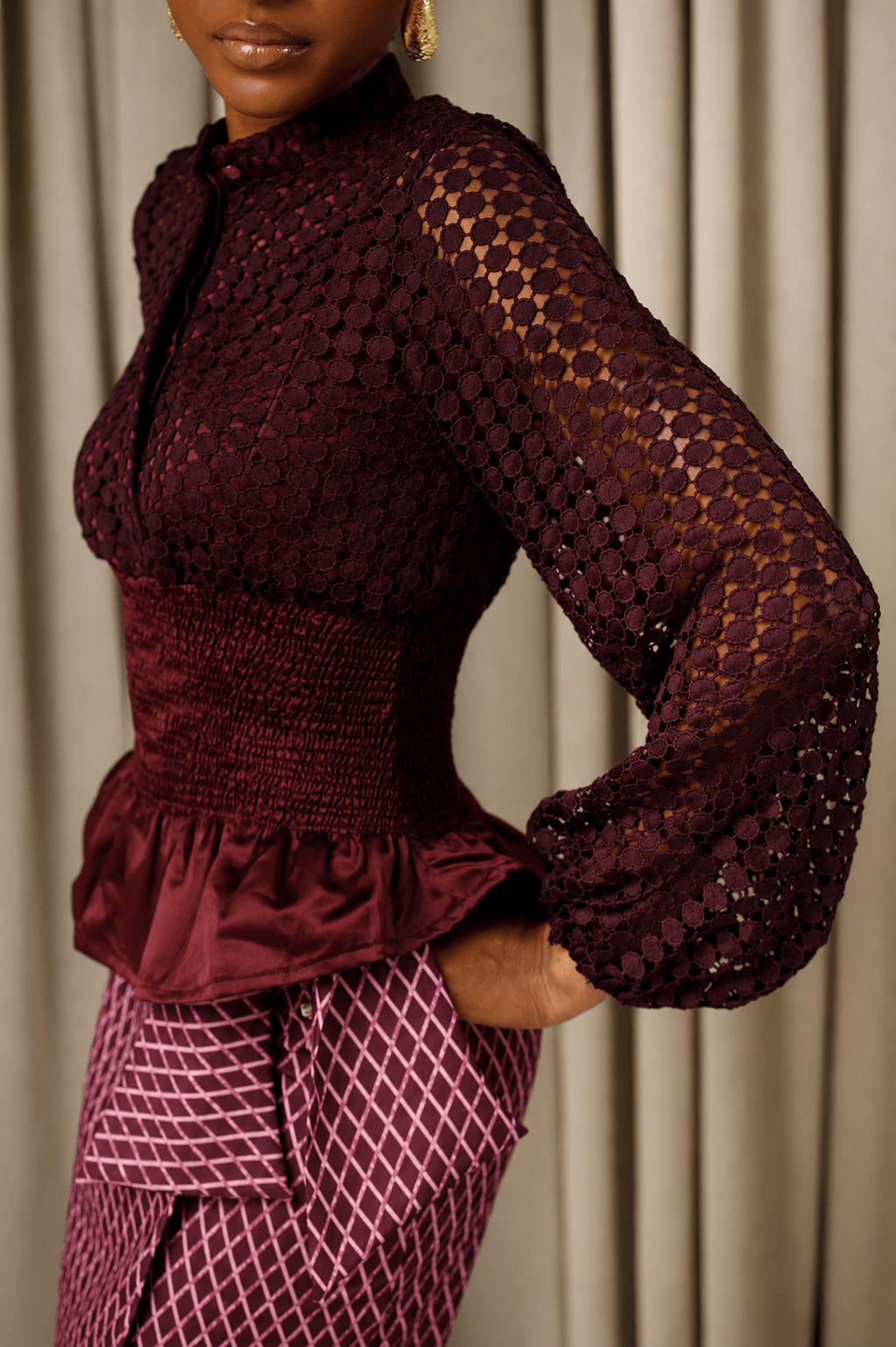 Kwelaku Lace Smocked Peplum Blouse in Plum