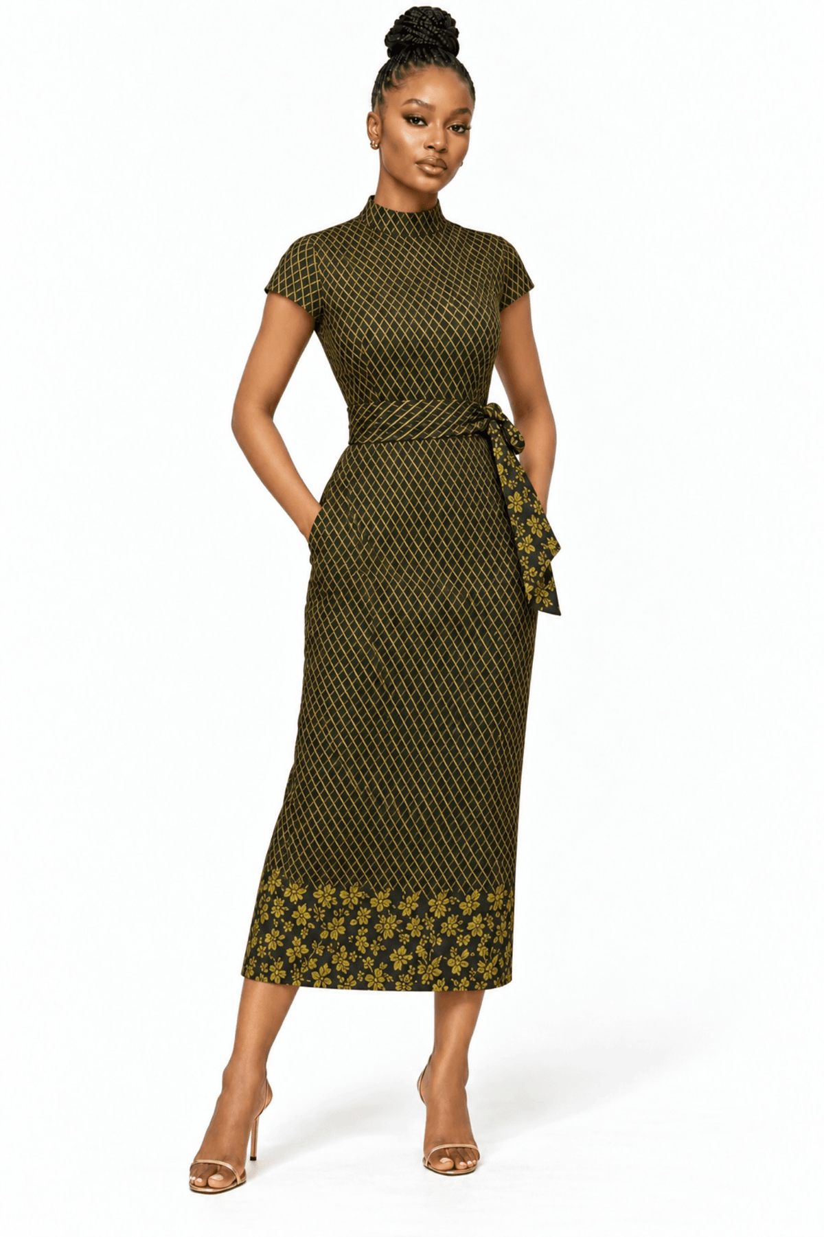 Hybrid Abstract faux wrap midi dress