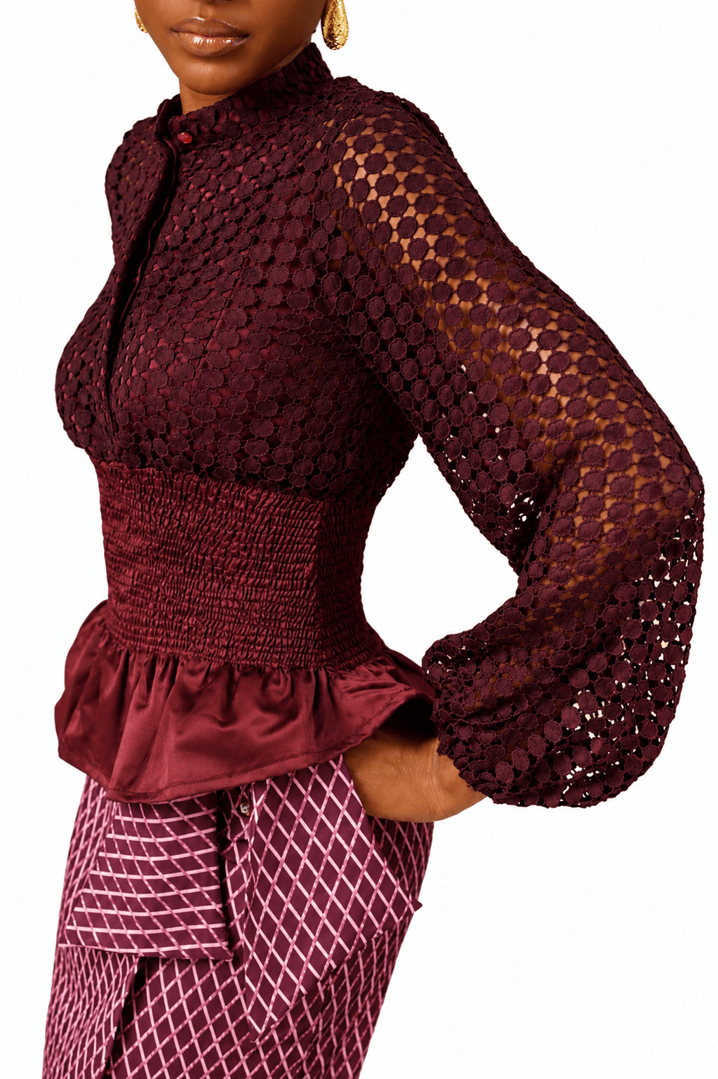 Kwelaku Lace Smocked Peplum Blouse