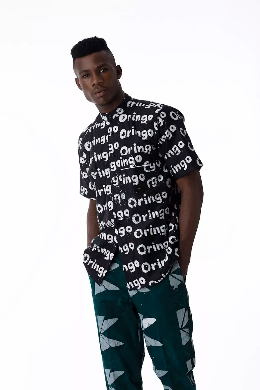 Kwelaku Men’s Oringo inscription bishop collar shirt in charcoal