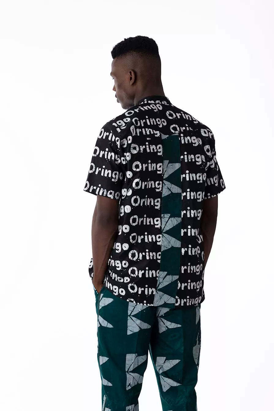 Kwelaku Men’s Oringo inscription bishop collar shirt in charcoal